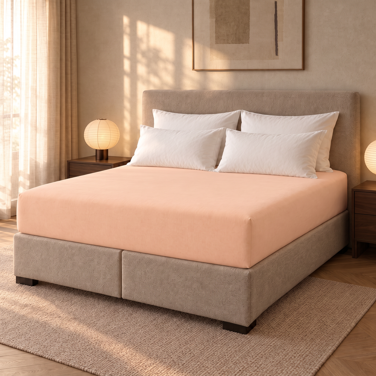 Bügelfreies Spannbettlaken apricot mit 30 cm Steghöhe auf Boxspringbett mit Topper im Schlafzimmer