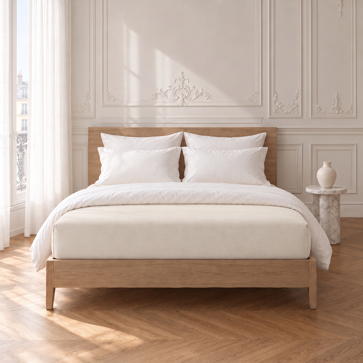 Bügelfreies Spannbettlaken beige mit 18 cm Steghöhe auf Standardmatratze im Schlafzimmer
