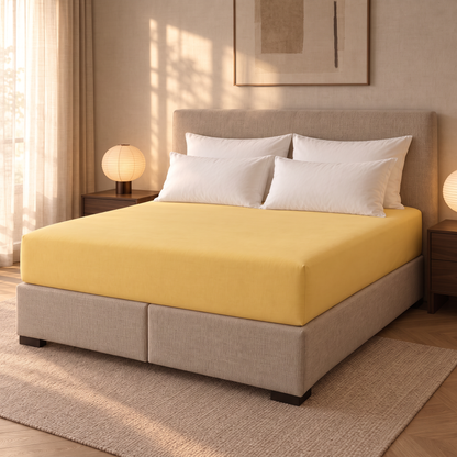 Bügelfreies Spannbettlaken gelb mit 30 cm Steghöhe auf Boxspringbett mit Topper im Schlafzimmer