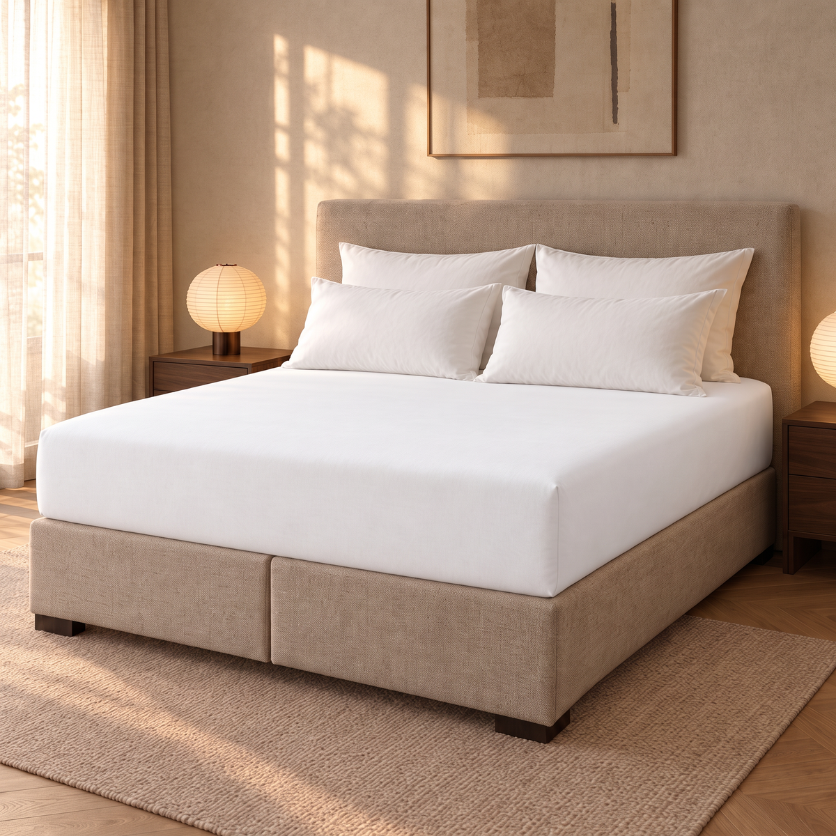 Bügelfreies Spannbettlaken weiß mit 30 cm Steghöhe auf Boxspringbett mit Topper im Schlafzimmer