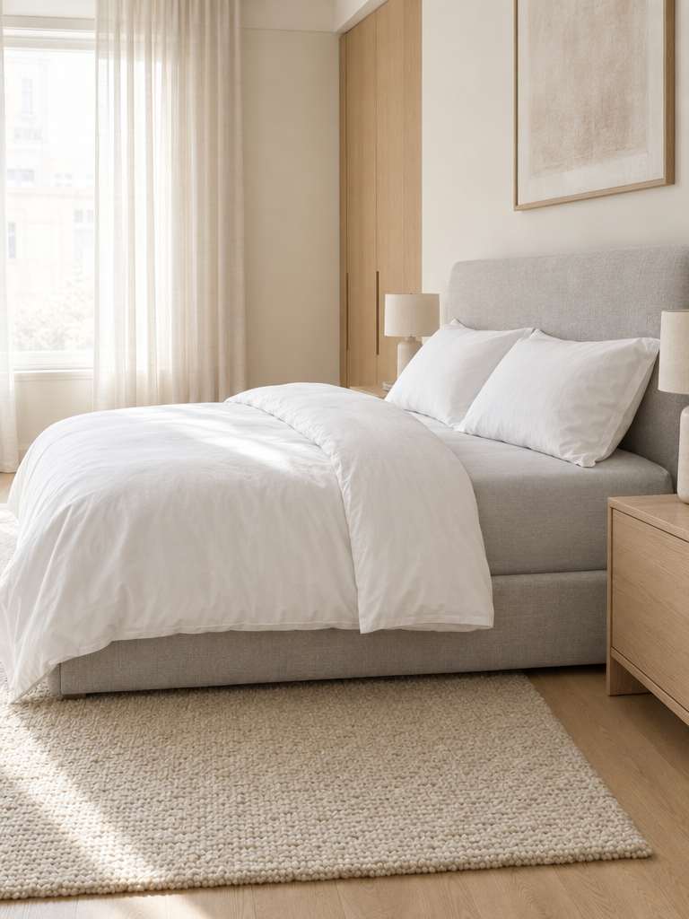 Graues Spannbettlaken im Doppelbett mit weißer Bettdecke und gepolstertem Kopfteil
