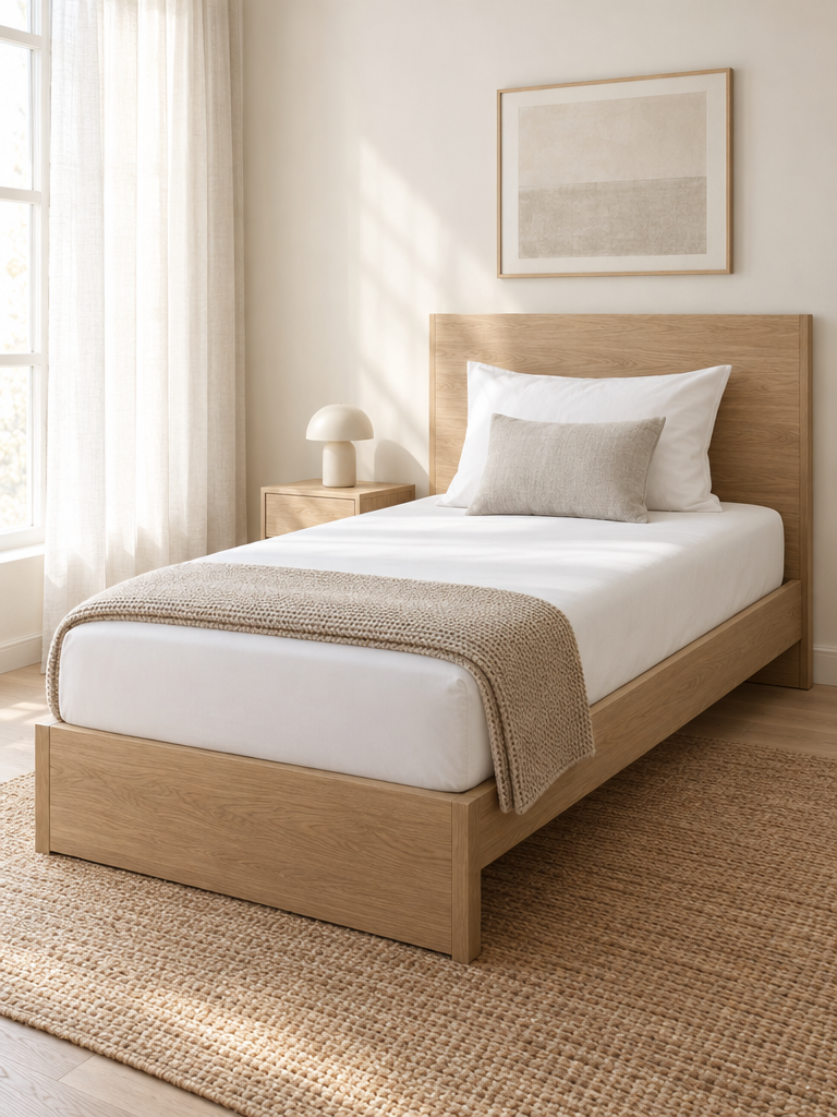 Spannbettlaken fürs Einzelbett mit Kopfteil aus heller Eiche und Strickplaid