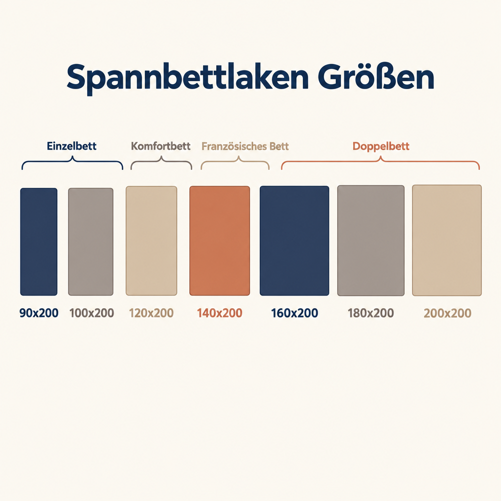Grafik: Spannbettlaken Größen von 90x200 bis 200x200 im Überblick