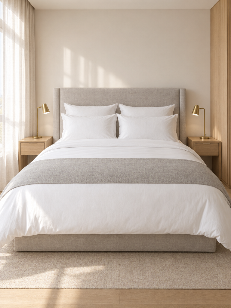 Spannbettlaken in Hotelqualität auf einem perfekt gemachten Doppelbett mit Bettläufer