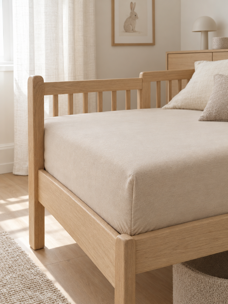 Spannbettlaken aus Jersey in Beige auf einer Kinderbettmatratze 70x140