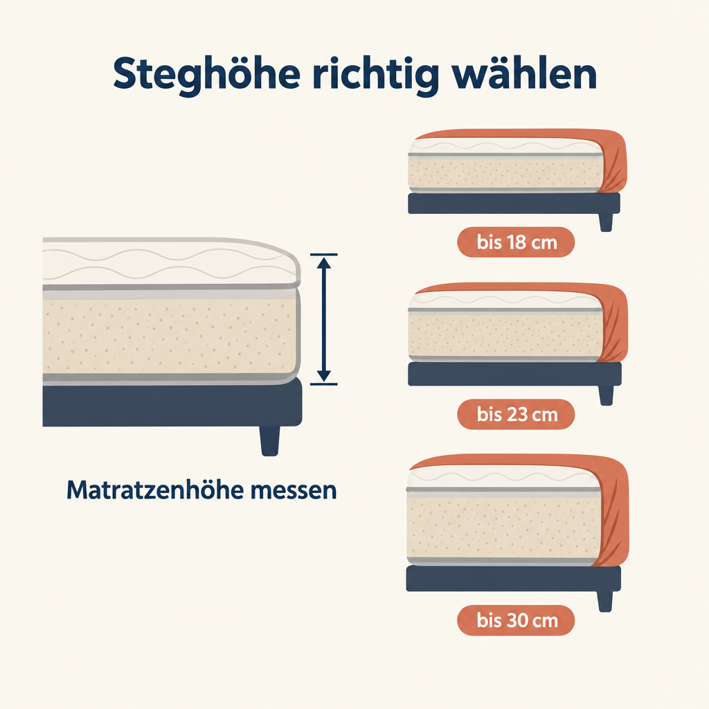 Grafik: Spannbettlaken Steghöhe bis 18, 23 oder 30 cm nach Matratzenhöhe wählen