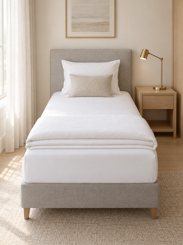Glattes weißes Spannbetttuch 90x200 aus bügelfreiem Mischgewebe auf einem Einzelbett