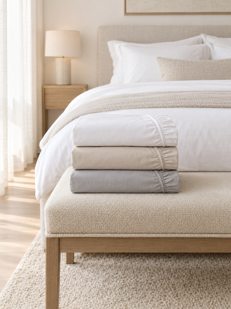 Gefaltete Spannbetttücher für Boxspringbett in Weiß, Beige und Hellgrau auf der Bettbank