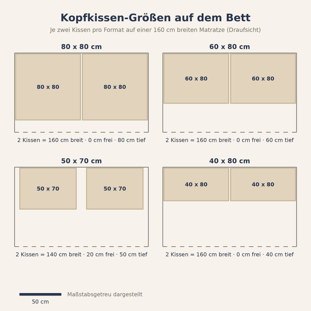 Grafik: Standard Kopfkissen Größe – 80x80, 60x80, 50x70 und 40x80 je zweimal maßstabsgetreu auf einem 160 cm breiten Bett