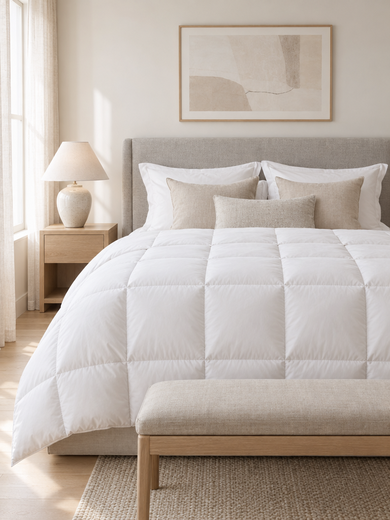 Steppdecke als Federbett mit Kassetten auf einem gepolsterten Bett