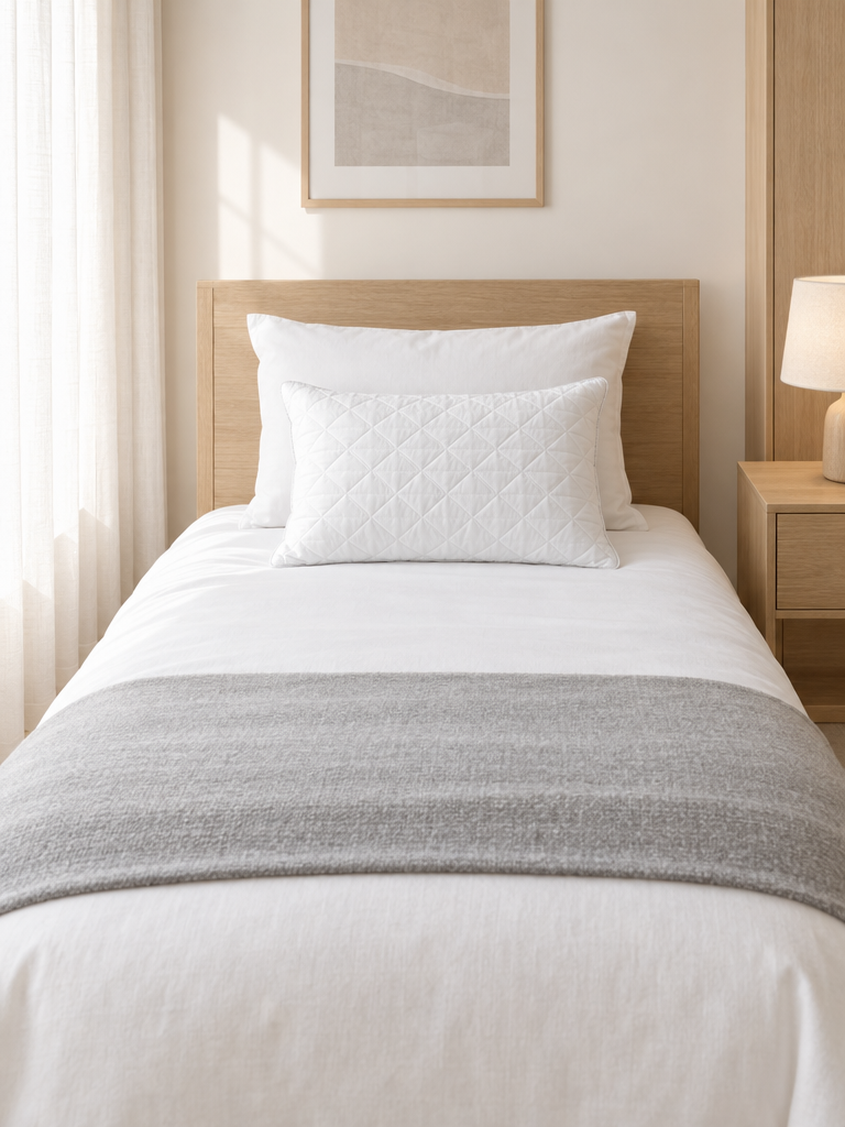 Gestepptes Kissen 40x60 auf einem Gästebett mit heller Bettwäsche