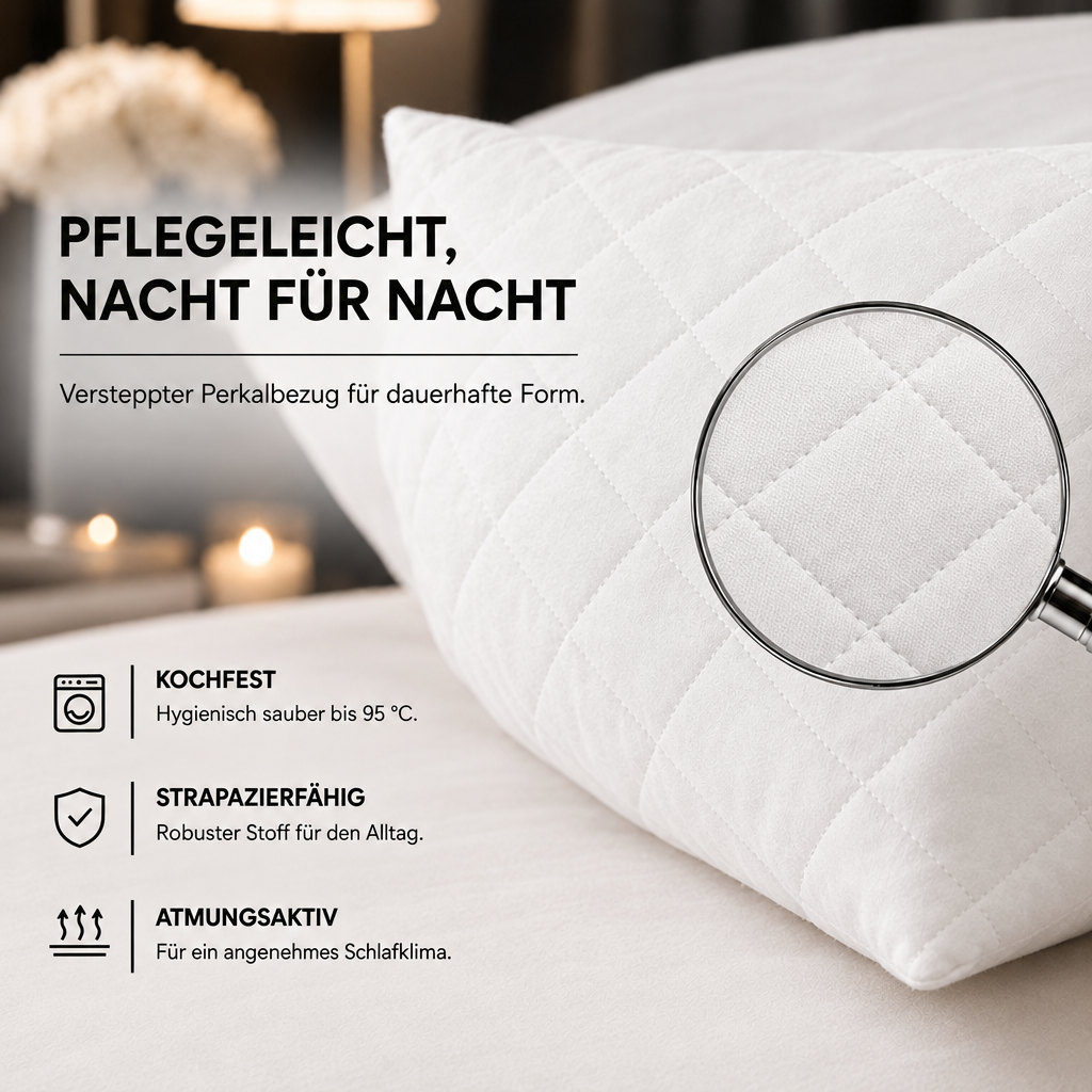Steppkissen mit Faserfüllung – kochfest bis 95 °C – Detailansicht mit Lupe
