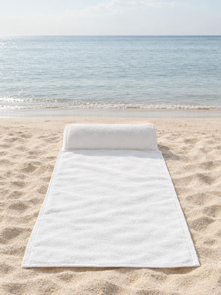 Strandtuch mit Kopfkissen im hellen Sand