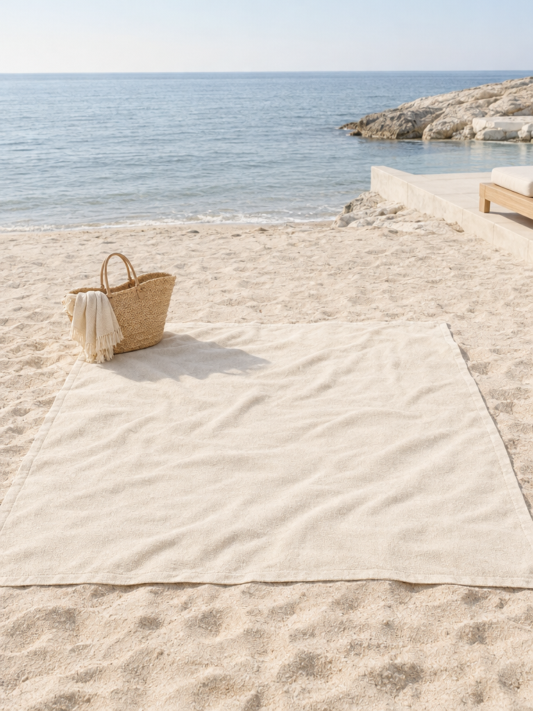 Großes Strandtuch XXL in Creme ausgebreitet im Sand