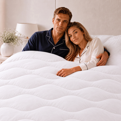 Paar im Bett unter der TENCEL™ Bettdecke mit Wellensteppung