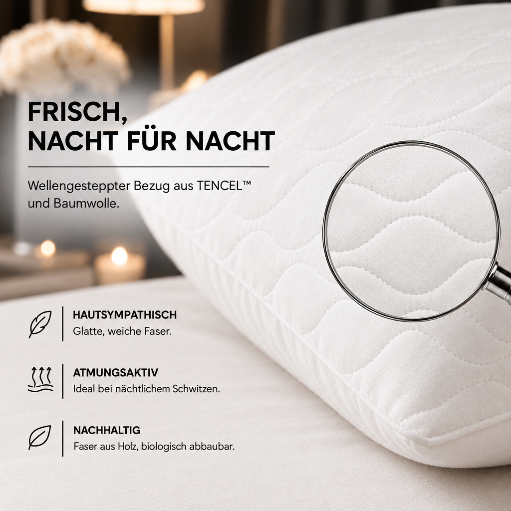 TENCEL™ Kopfkissen – klimaregulierend mit Reißverschluss – Detailansicht mit Lupe