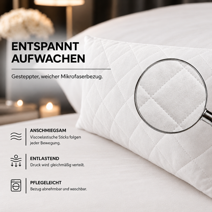 Viscoelastisches Kissen zur Nackenentlastung – Detailansicht mit Lupe
