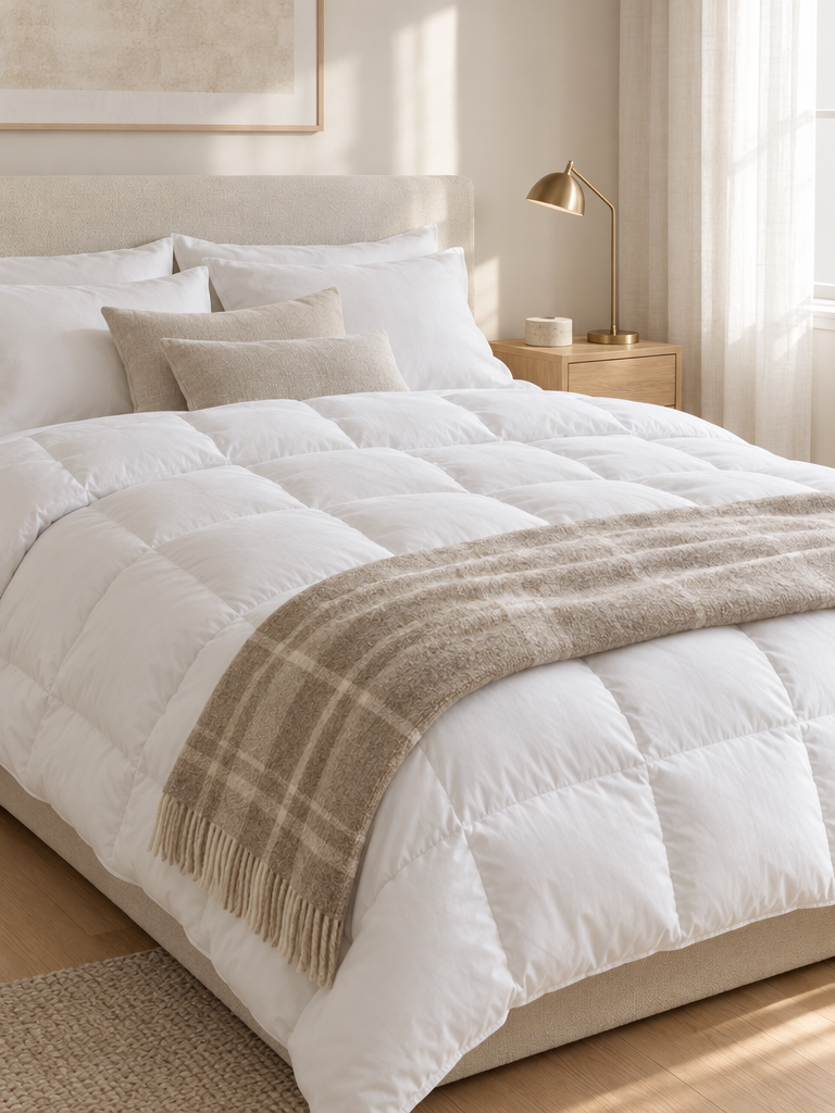 Warme Daunendecke mit einem Wollplaid in Sand auf dem Bett