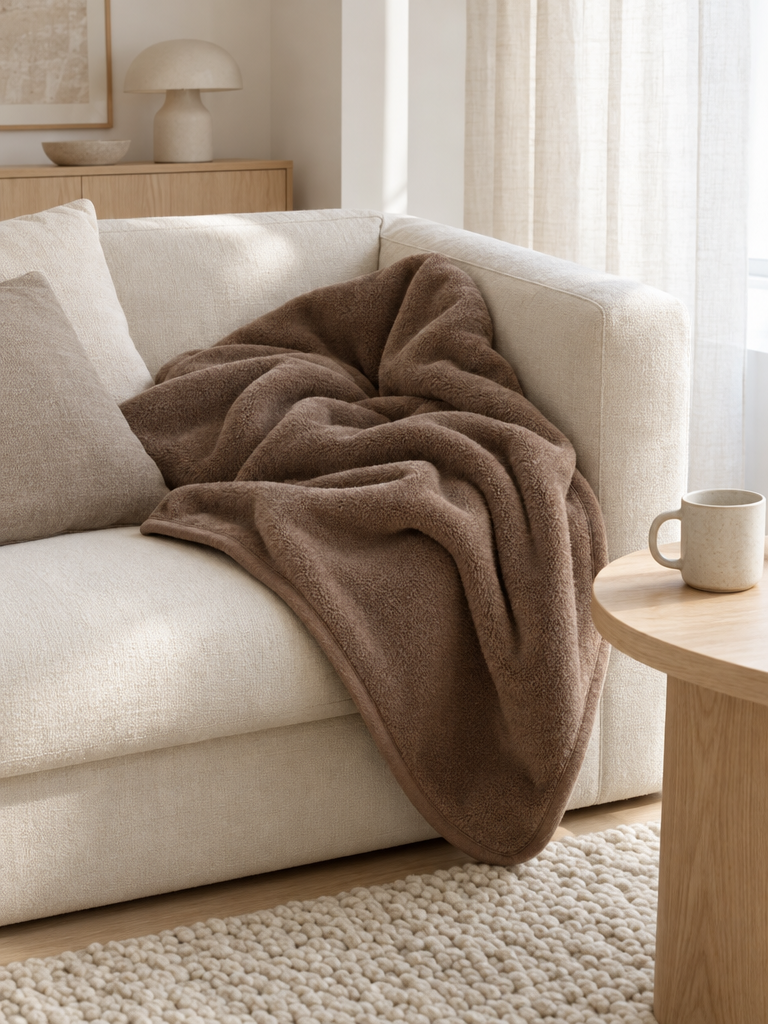 Warme Kuscheldecke in Mocca gemütlich in der Sofaecke