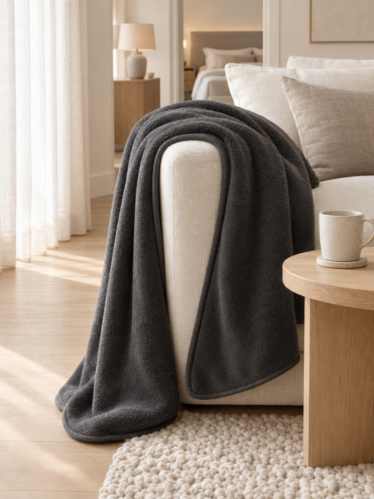 Warme Wohndecke in Anthrazit in einem gemütlichen Wohnzimmer im Herbst