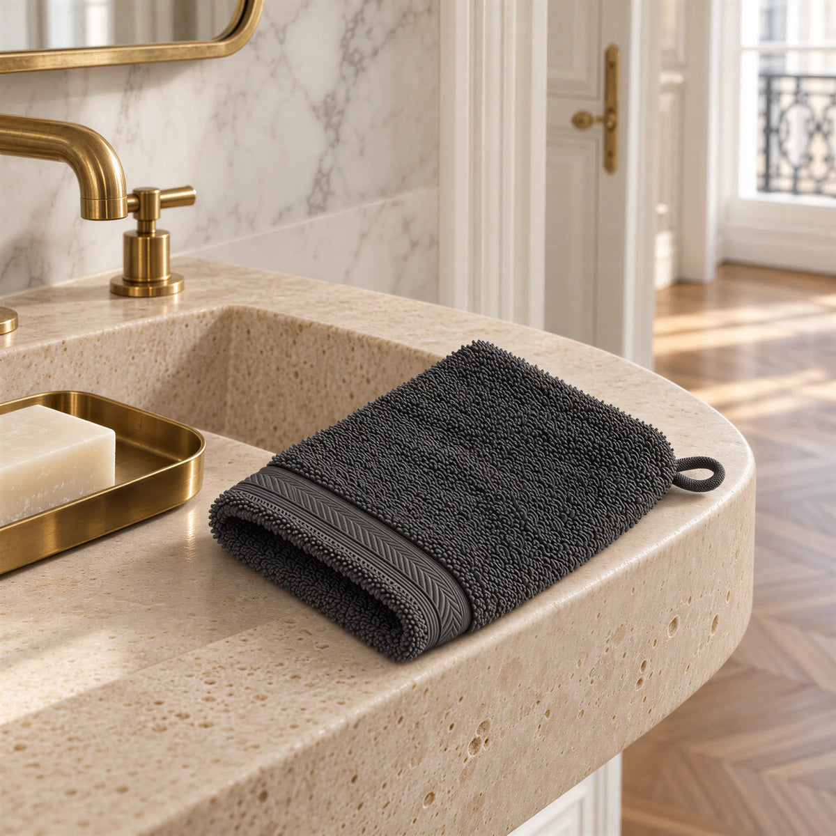 Waschhandschuh Anthrazit aus Walkfrottee im hellen Badezimmer