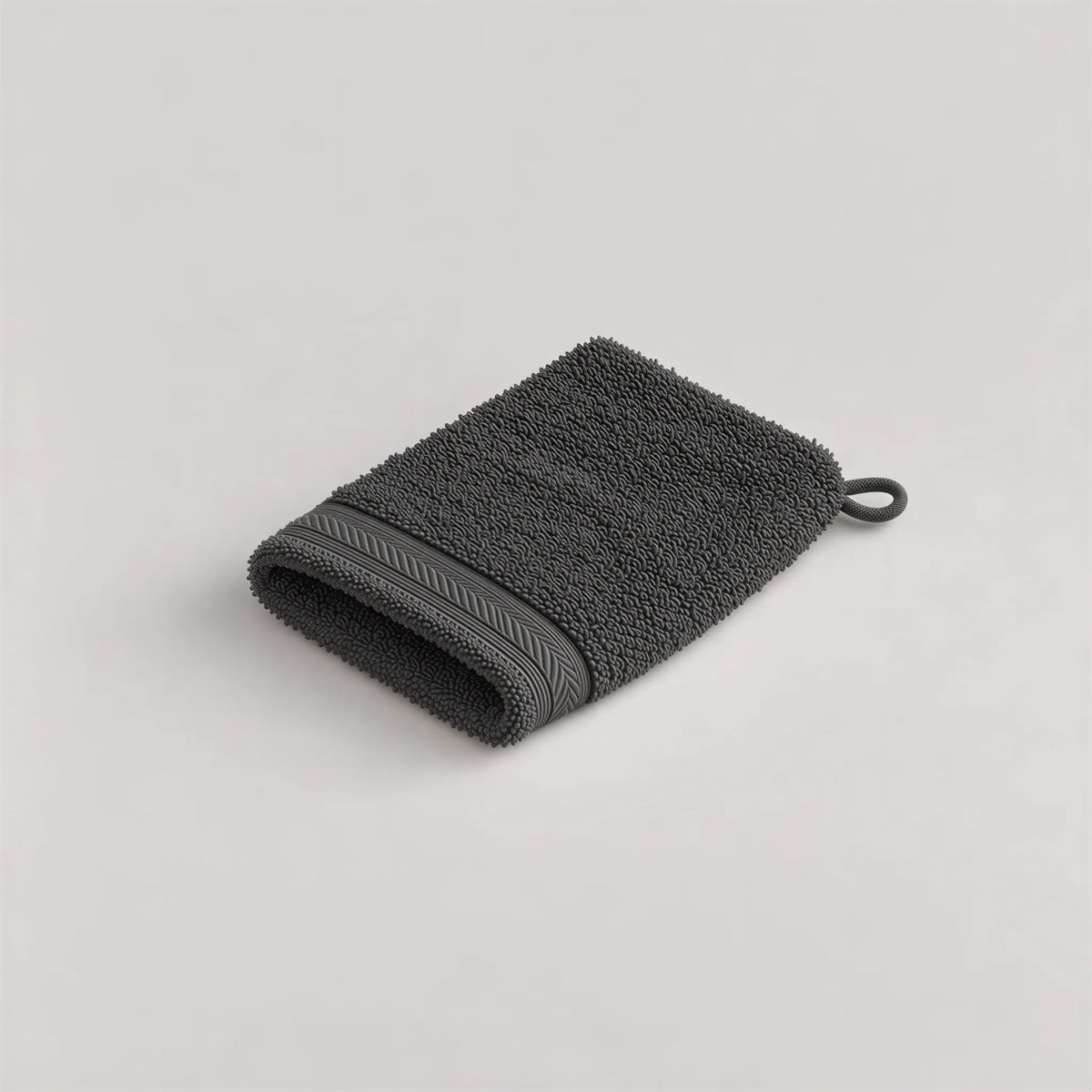Waschhandschuh Anthrazit aus Walkfrottee, 15 x 20 cm, gefaltet auf hellgrauem Hintergrund