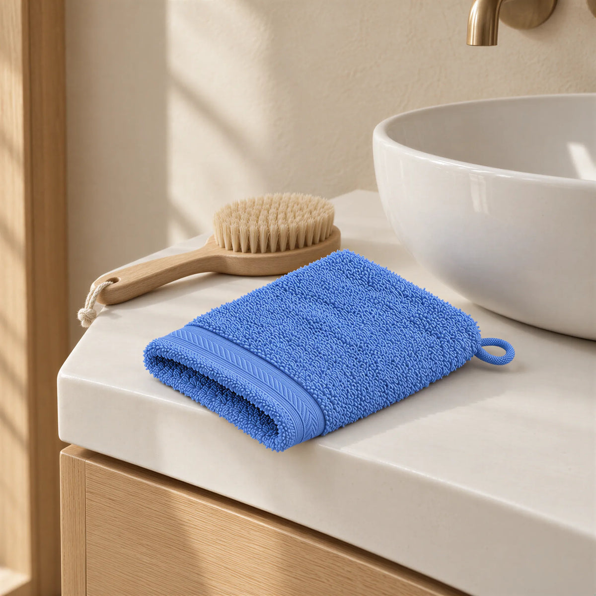 Waschhandschuh Azurblau aus Walkfrottee im hellen Badezimmer