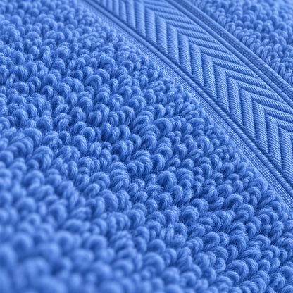 Nahaufnahme der weichen Frottee-Schlingen und der Bordüre – Waschhandschuh Azurblau