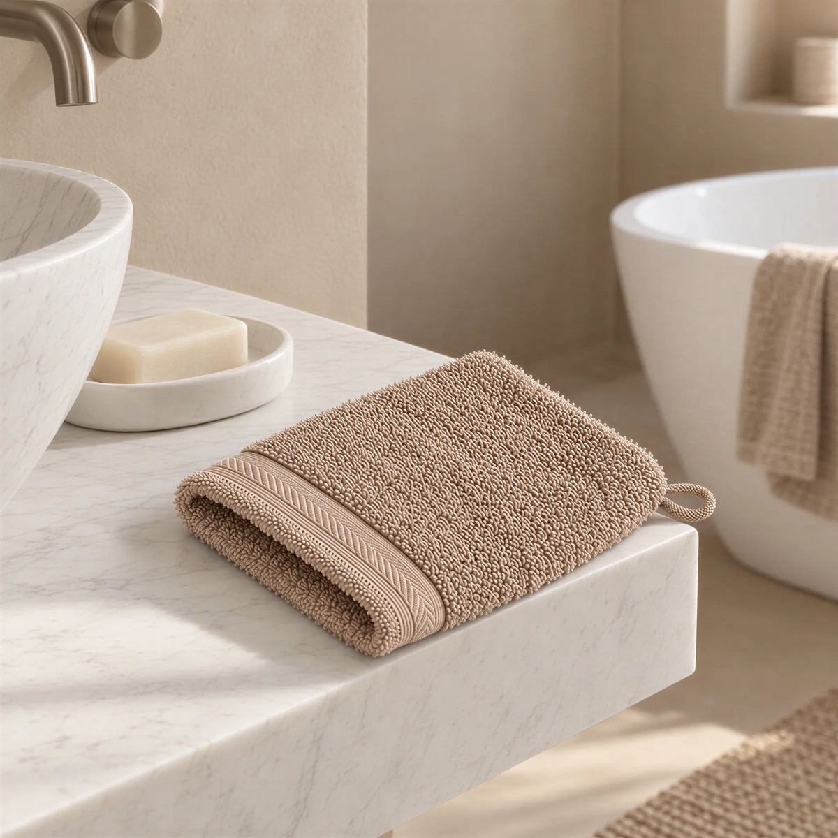 Waschhandschuh Cappuccino-Braun aus Walkfrottee im hellen Badezimmer