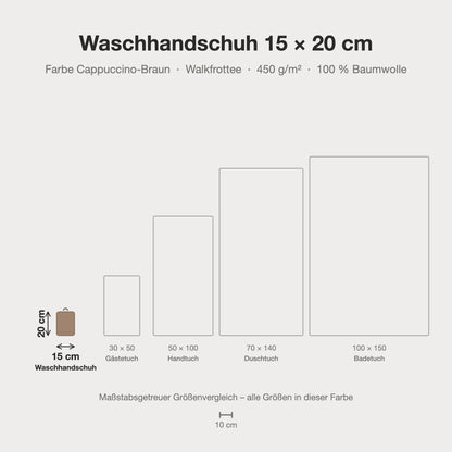 Größenvergleich: Waschhandschuh 15 x 20 cm in Cappuccino-Braun – maßstabsgetreue Infografik
