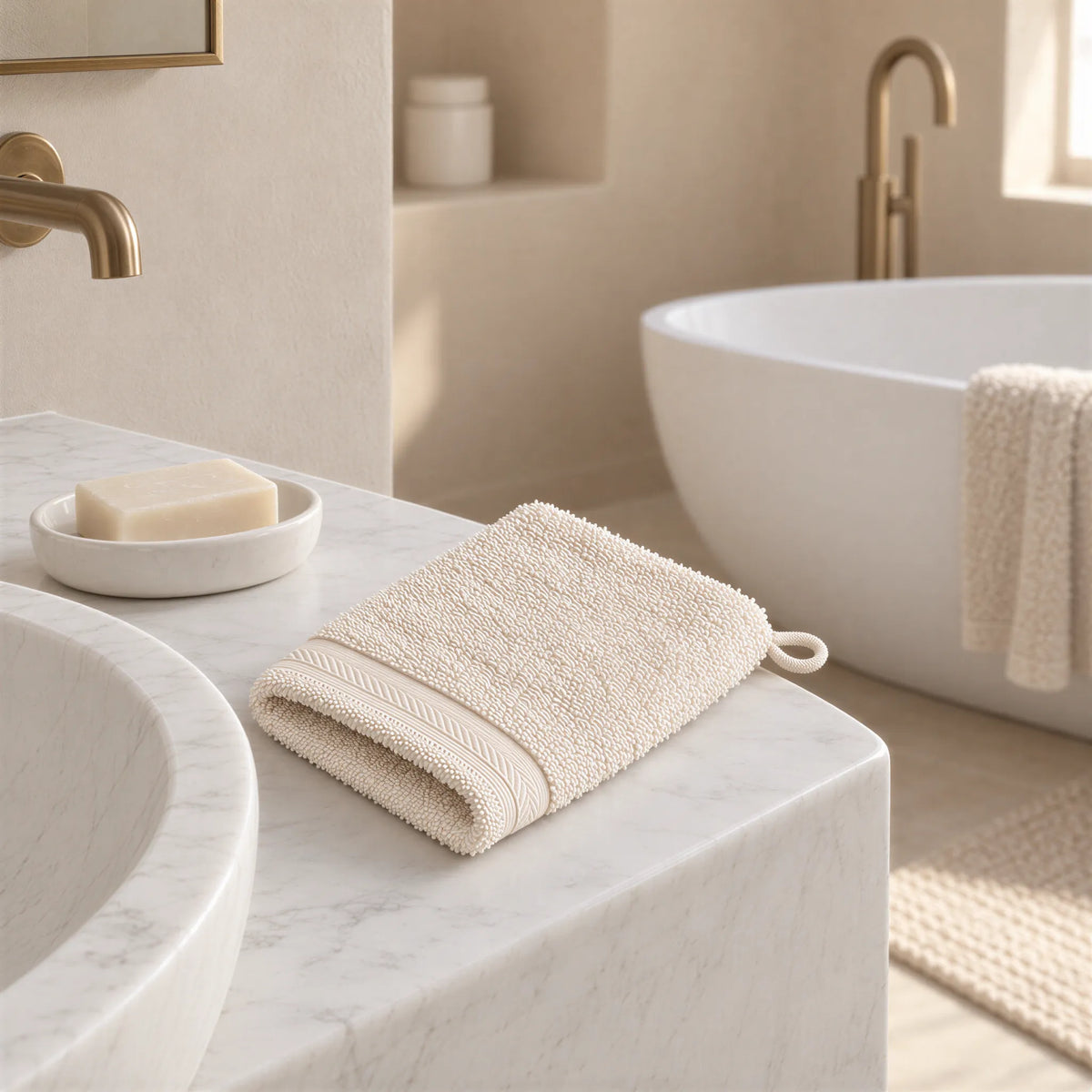 Waschhandschuh Creme-Beige aus Walkfrottee im hellen Badezimmer