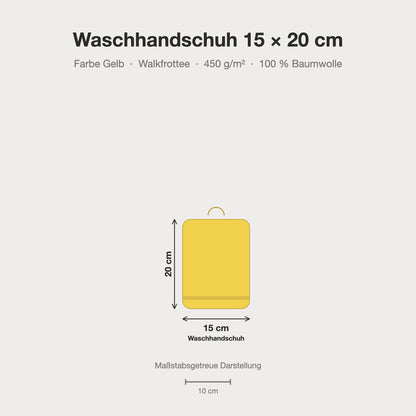 Größenvergleich: Waschhandschuh 15 x 20 cm in Gelb – maßstabsgetreue Infografik