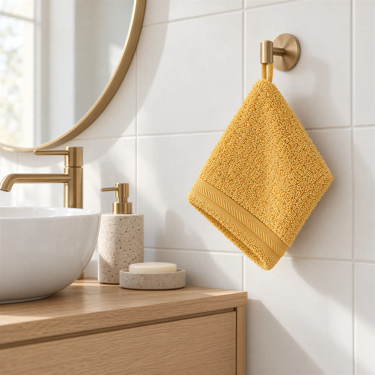 Waschhandschuh Gold aus Walkfrottee – Ambiente im Bad