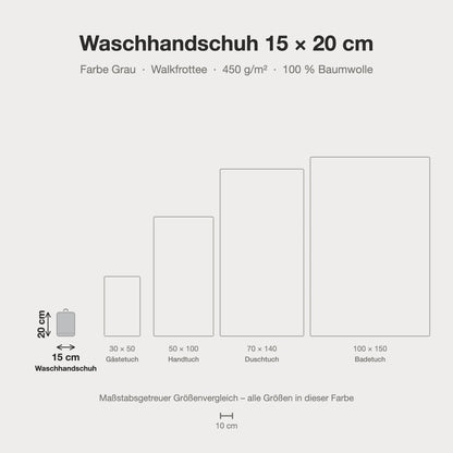 Größenvergleich: Waschhandschuh 15 x 20 cm in Grau – maßstabsgetreue Infografik
