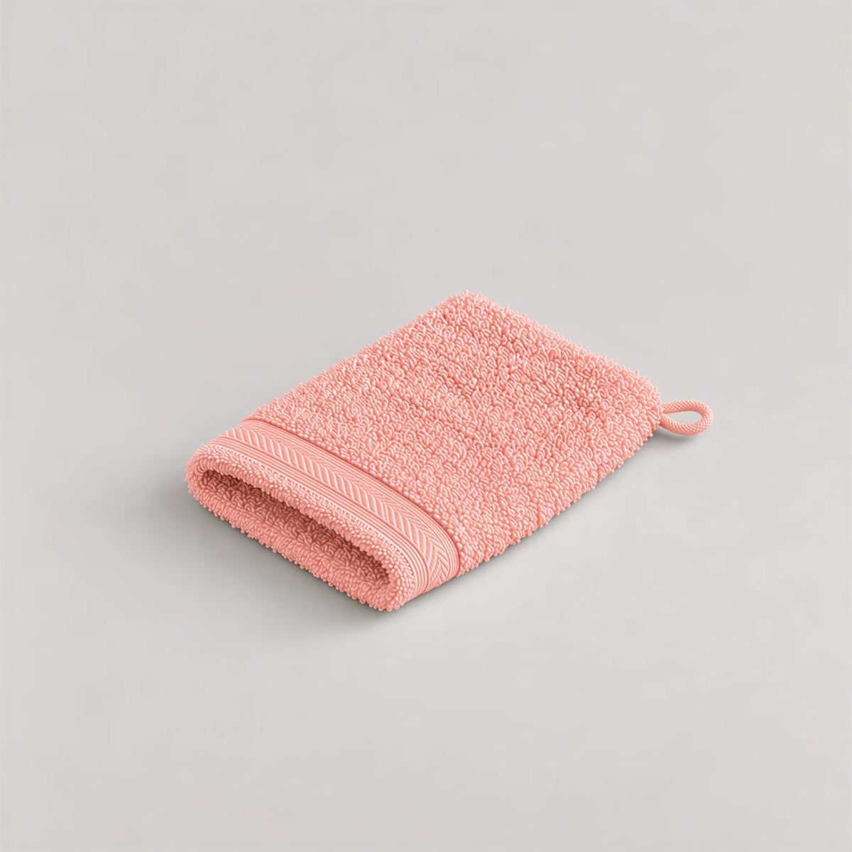 Waschhandschuh Lachs aus Walkfrottee, 15 x 20 cm, gefaltet auf hellgrauem Hintergrund