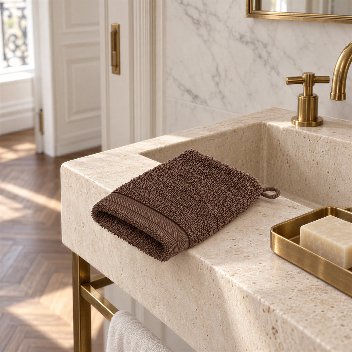 Waschhandschuh Mocca aus Walkfrottee im hellen Badezimmer