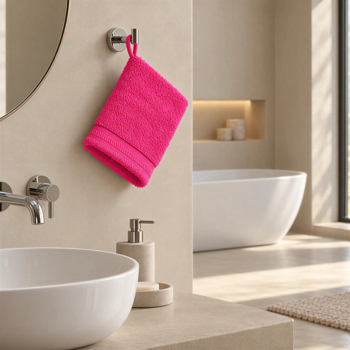 Waschhandschuh Pink aus Walkfrottee – Ambiente im Bad