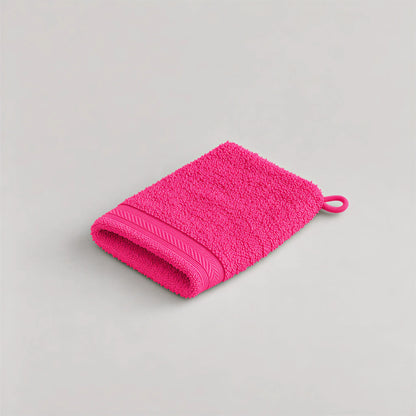 Waschhandschuh Pink aus Walkfrottee, 15 x 20 cm, gefaltet auf hellgrauem Hintergrund
