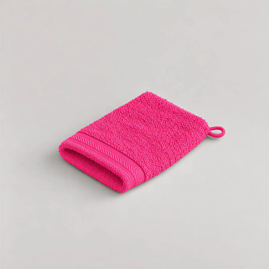 Waschhandschuh Pink aus Walkfrottee, 15 x 20 cm, gefaltet auf hellgrauem Hintergrund