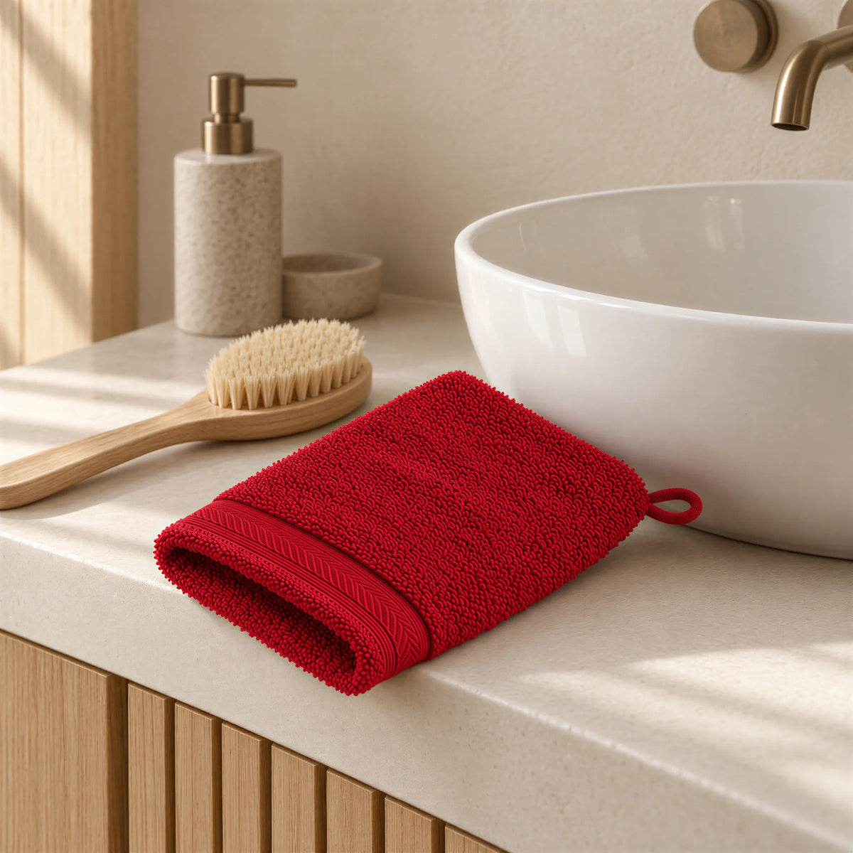 Waschhandschuh Rubinrot aus Walkfrottee im hellen Badezimmer