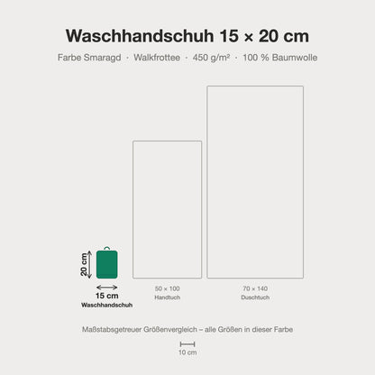 Größenvergleich: Waschhandschuh 15 x 20 cm in Smaragd – maßstabsgetreue Infografik