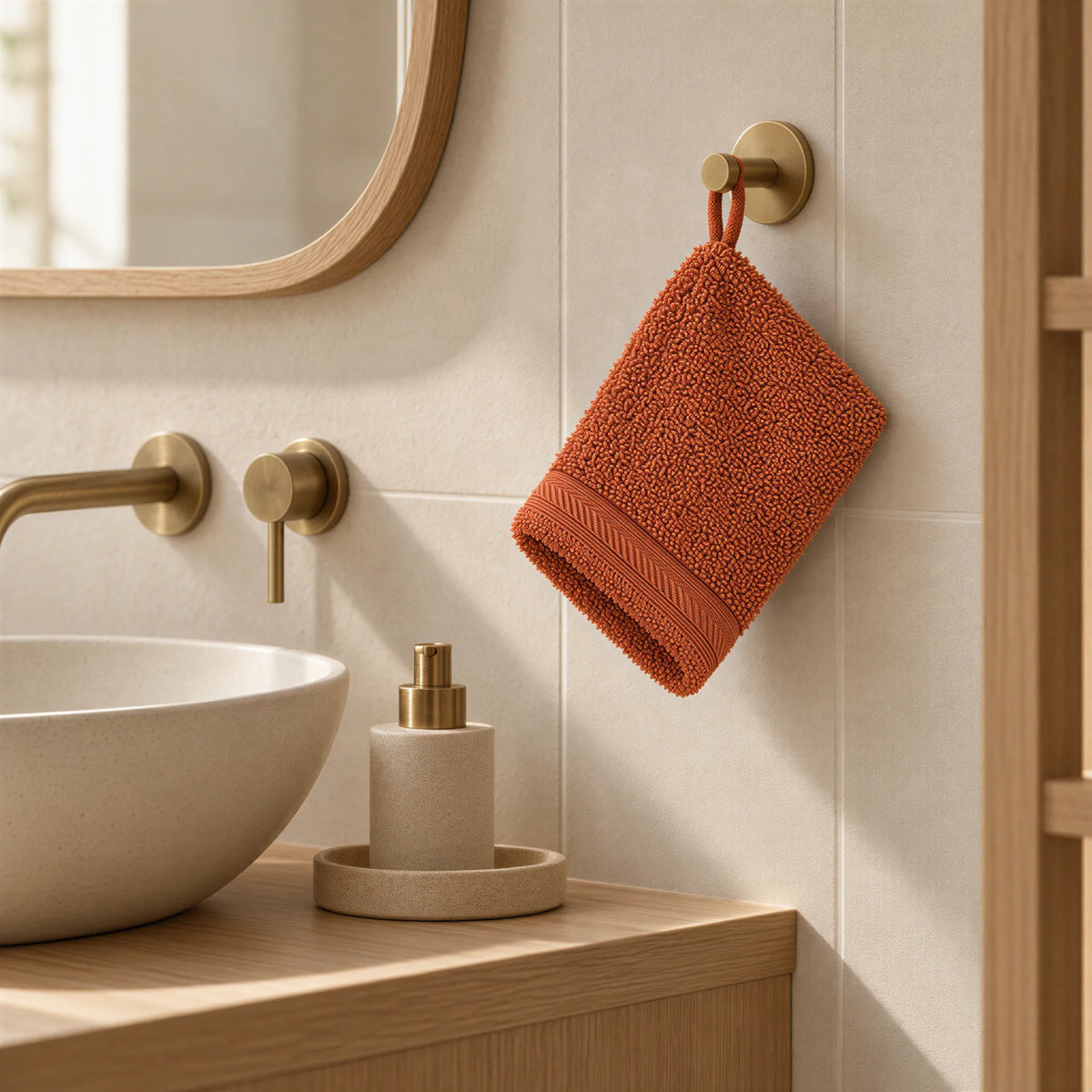 Waschhandschuh Terracotta aus Walkfrottee – Ambiente im Bad