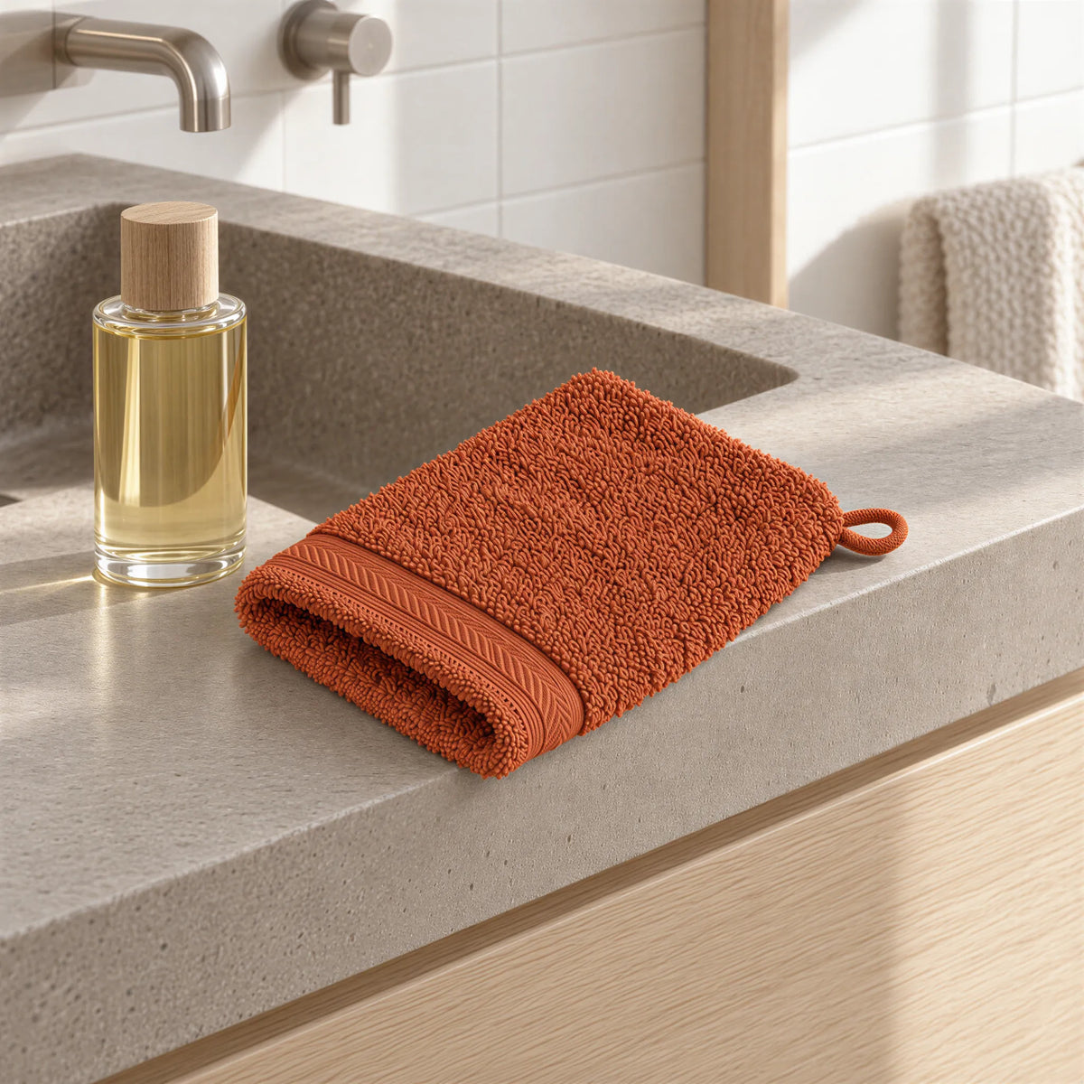 Waschhandschuh Terracotta aus Walkfrottee im hellen Badezimmer