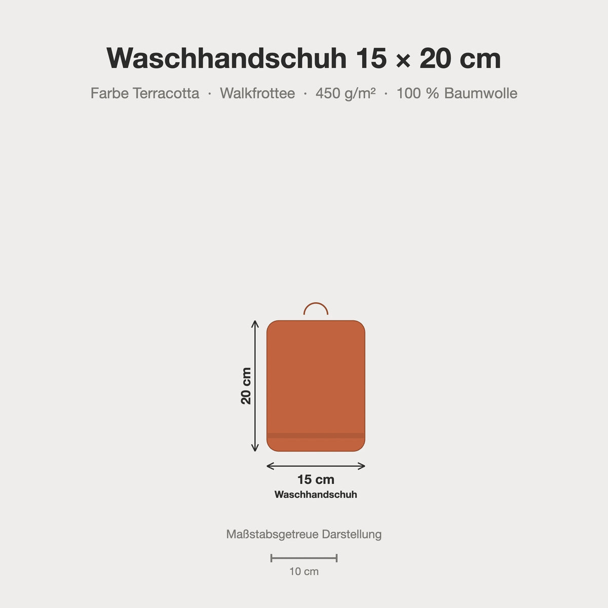 Größenvergleich: Waschhandschuh 15 x 20 cm in Terracotta – maßstabsgetreue Infografik
