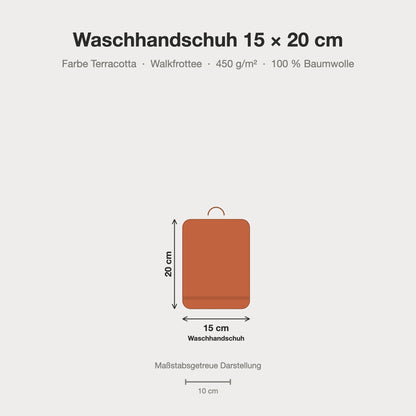 Größenvergleich: Waschhandschuh 15 x 20 cm in Terracotta – maßstabsgetreue Infografik
