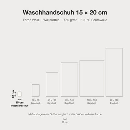 Größenvergleich: Waschhandschuh 15 x 20 cm in Weiß – maßstabsgetreue Infografik