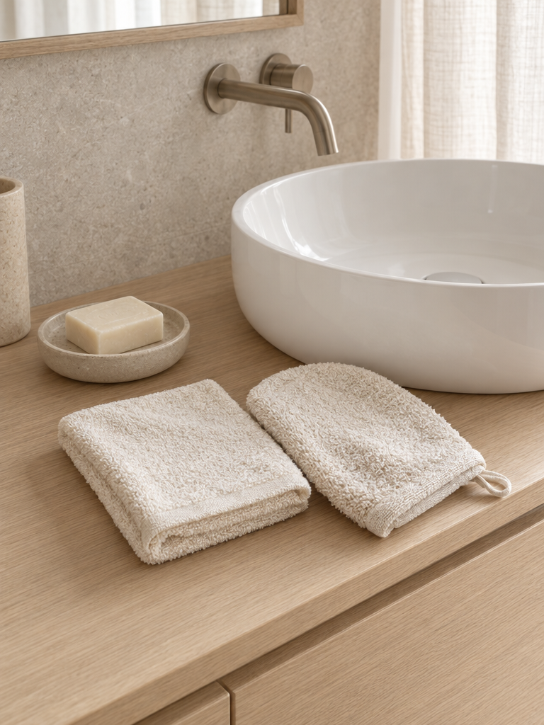 Waschlappen aus Frottee in Creme gefaltet neben dem Waschbecken
