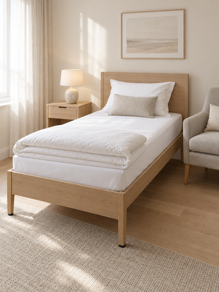 Matratzenschoner wasserdicht 80x200 auf einem schmalen Bett in hellem Schlafzimmer