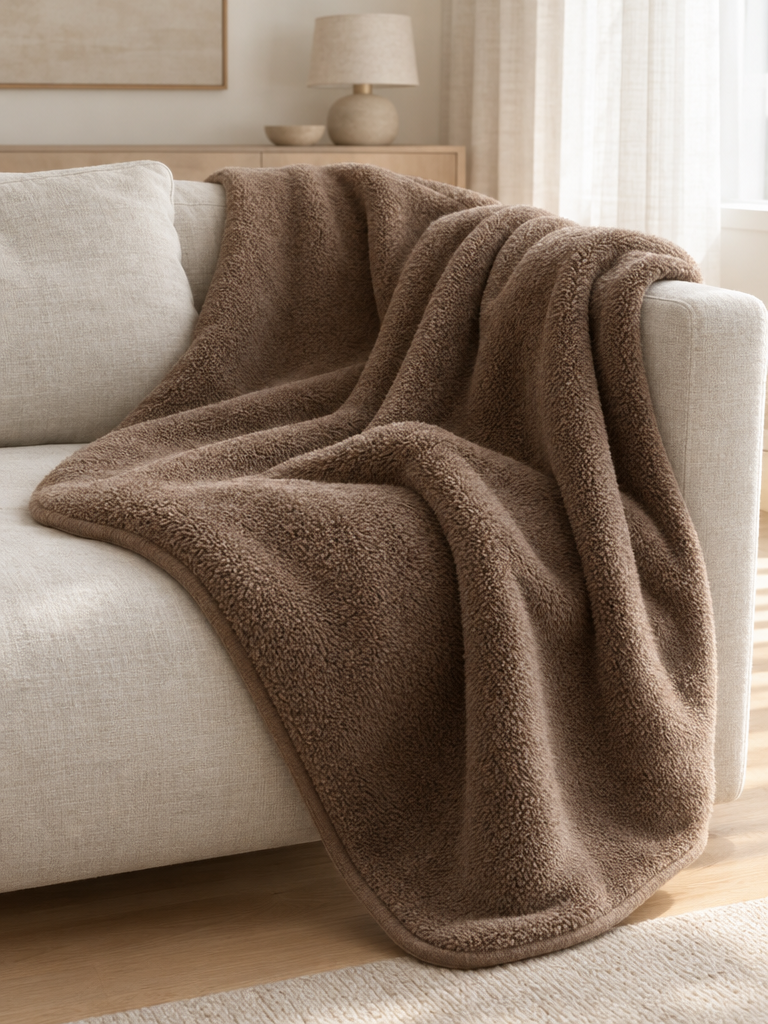 Weiche Decke fürs Sofa: flauschige Mikrofaser in Mocca in der Nahaufnahme