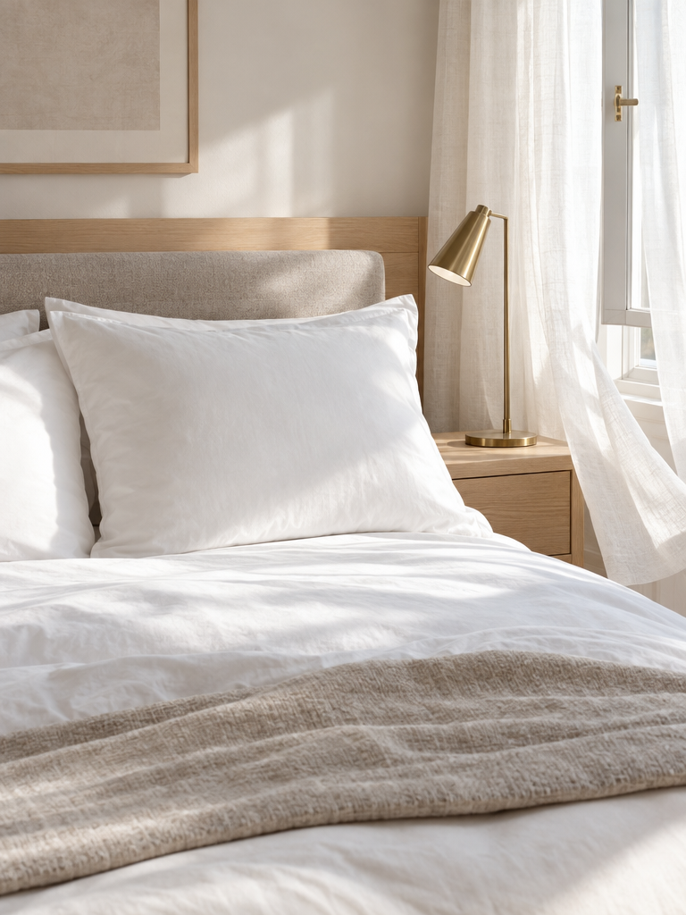 Weiches Kopfkissen am Morgen im hellen Schlafzimmer mit Leinenvorhang